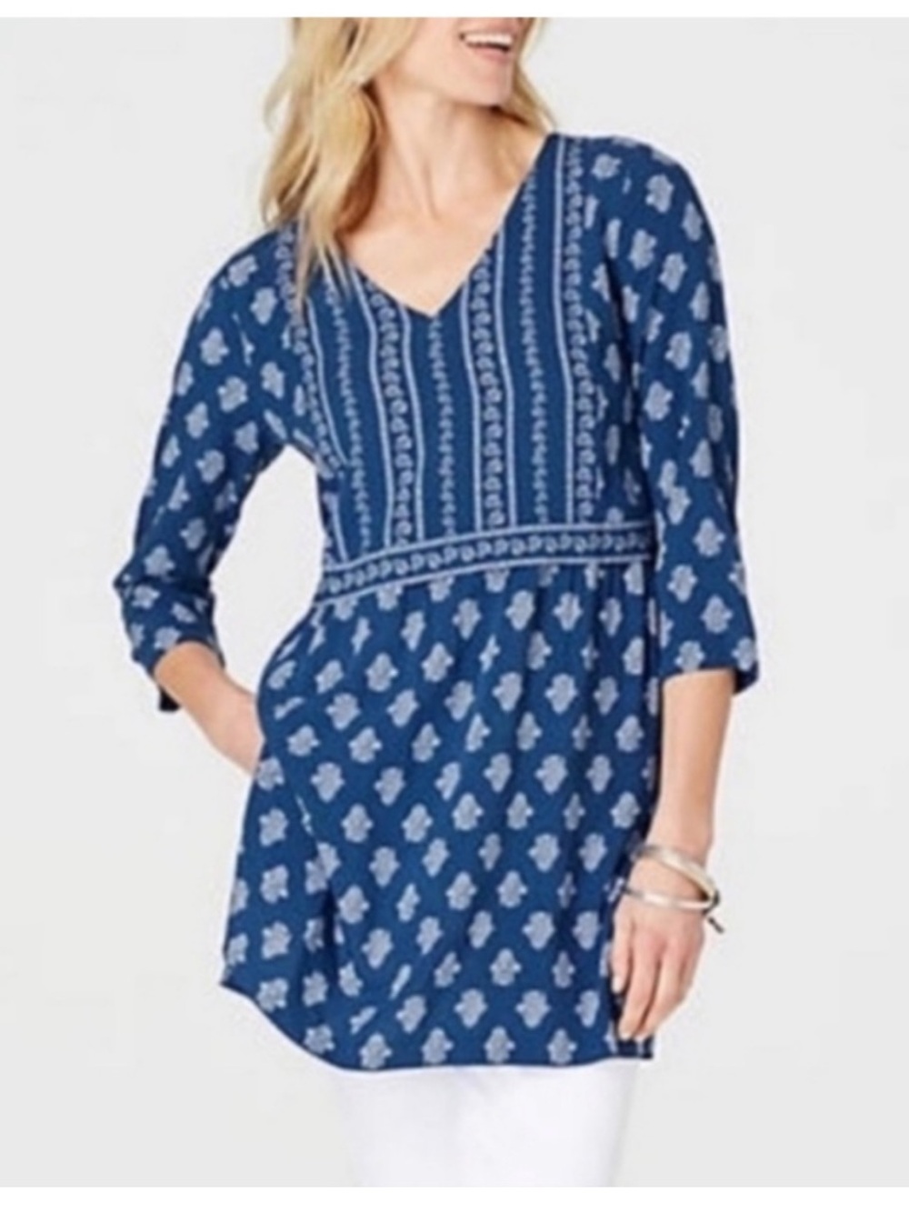 J. JILL Seaside Woodblock V Neck Floral Tunic Top Large Blue White Made in India
